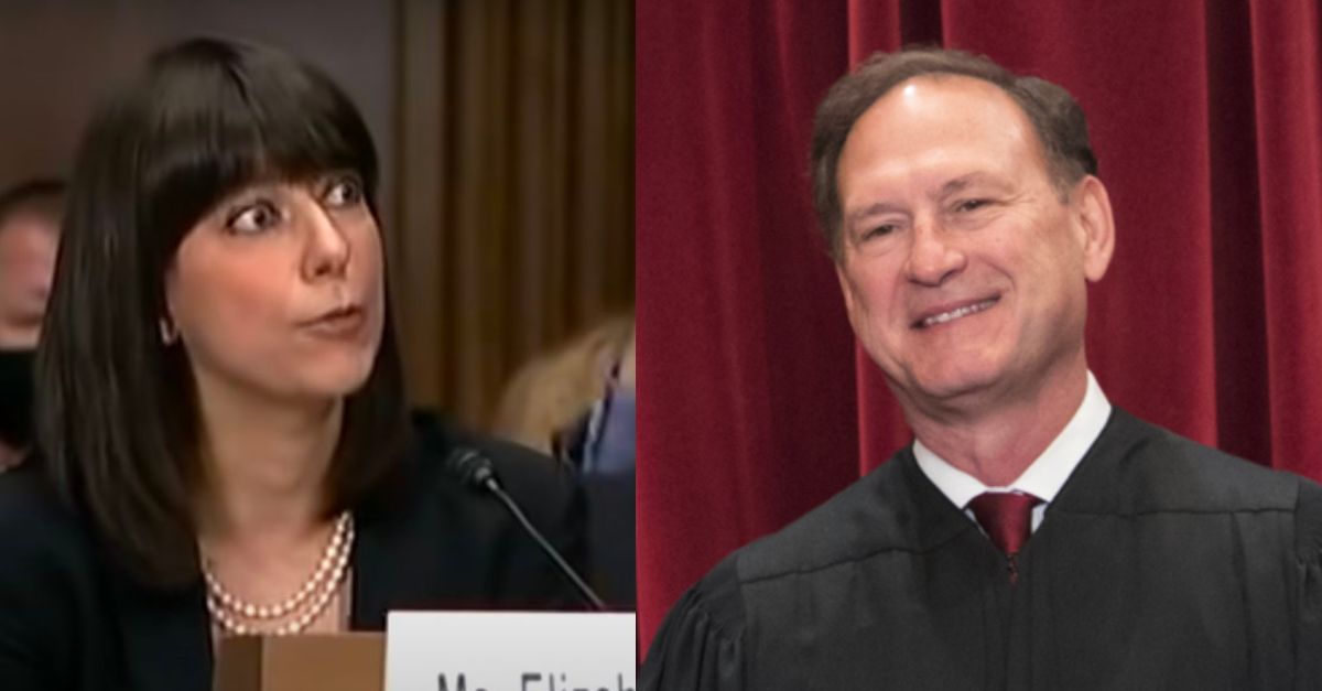 Left: Solicitor General of the United States Elizabeth Prelogar (screengrab via YouTube); Right: Associate Justice of the Supreme Court Samuel Alito (AP Photo/J. Scott Applewhite)