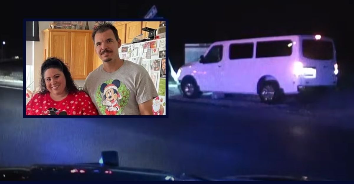 Jerry Lopez, inset on the right, appears with his wife, Karen Lopez; the main image shows the Lopez family van stopped at an intersection