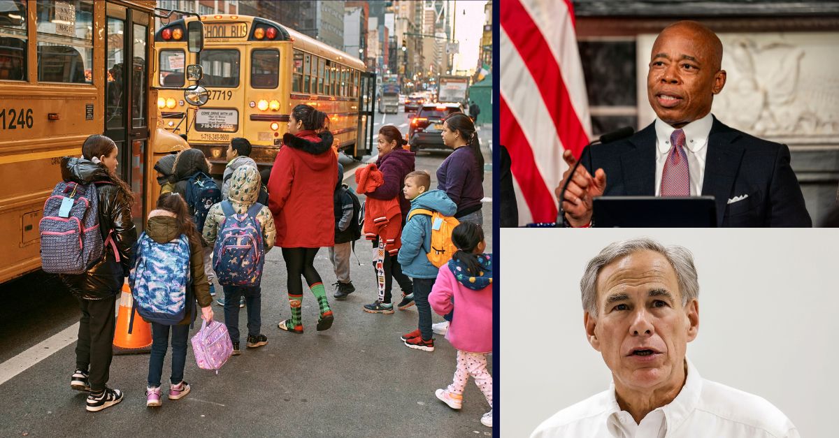 Left: Migrant children prepare to board a school bus while guided by their guardians in front of the Row Hotel that serves as migrant shelter on Tuesday, Dec. 12, 2023, in New York. It could be a cold, grim New Year for thousands of migrant families living in New York City’s emergency shelter system. With winter setting in, they are being told they need to clear out, with no guarantee they’ll be given a bed elsewhere. (AP Photo/Andres Kudacki)/Top right: New York City Mayor Eric Adams speaks during a news conference at City Hall, Dec. 12, 2023, in New York. (AP Photo/Peter K. Afriyie, File)/ Bottom right: Governor Greg Abbott speaks at a news conference after surveying tornado damage in Perryton, Texas, Saturday, June, 17, 2023. AP Photo/David Erickson, File)