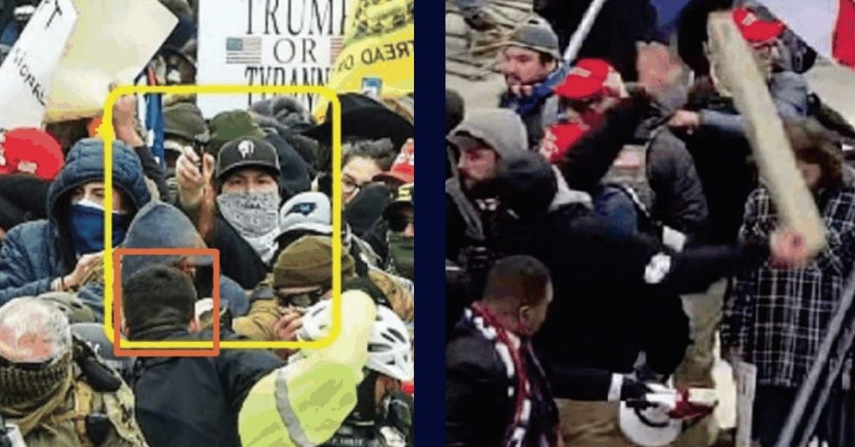 Left: Photo depicting Frank Dahlquist, pictured in yellow box, allegedly pepper spraying police officers at the U.S. Capitol on Jan. 6, 2021. Courtesy DOJ./ Right: Surveillance footage allegedly showing Frank Dahlquist throwing a piece of lumber in air in direction of police guarding the U.S. Capitol on Jan. 6, 2021. Courtesy DOJ. 