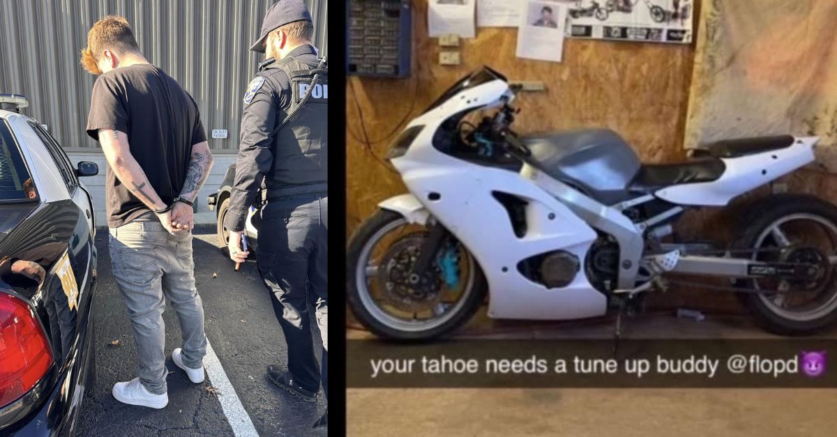 Left: Titus Knight arrest by Florence Police Department in Alabama. FPD Facebook./Right: Close up of Snapchat allegedly posted by Titus Knight after police chase where he taunted officers for being unable to catch him during a chase through a construction zone. 