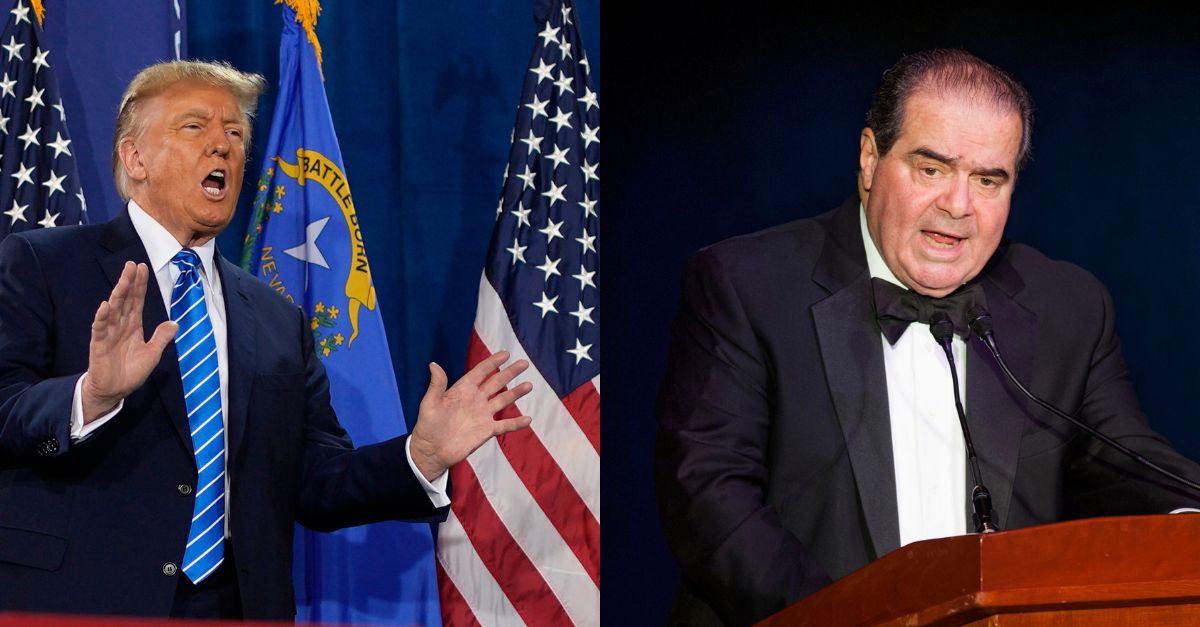 Left: Republican presidential candidate former President Donald Trump speaks at a campaign event Saturday, Jan. 27, 2024, in Las Vegas. (AP Photo/John Locher)/ Right: In this Nov. 6, 2014, file photo Supreme Court Justice Antonin Scalia speaks in Washington. President Donald Trump has visions of establishing by the final months of his second term—should he win one—a “National Garden of American Heroes” that will pay tribute to some of the prominent figures in the nation’s history, including Justice Scalia, that he sees as the “greatest Americans to ever live.” (AP Photo/Kevin Wolf)