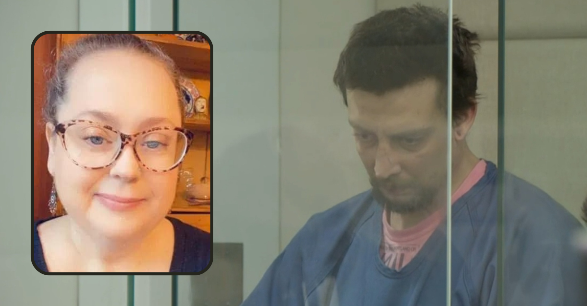 Jon French is seen in court Feb. 6, 2024, after authorities said he murdered his fiance, Jeannie Enyeart, seen here in the inset. (Inset: Portland Police Bureau; screenshot: KGW)