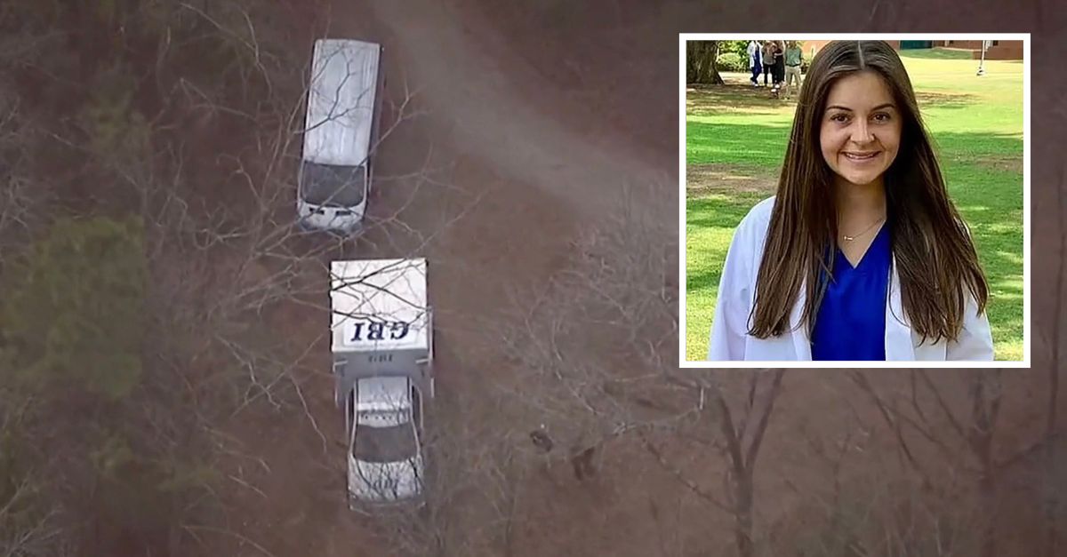 Laken Hope Riley and investigators searching the scene where her body was found (WXIA screenshots)