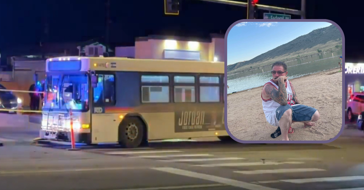 A 13-year-old boy fatally shot Richard Sanchez, pictured in the inset, on this bus the evening of Jan. 27, 2024, police said. (Inset: Krystal Sanchez; screenshot: KMGH)