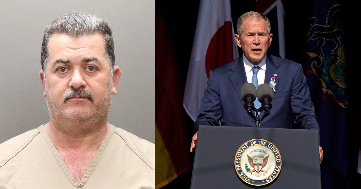 Left: Shihab Ahmed Shihab Shihab plotted to assassinate former President George W. Bush, say federal authorities. (Mug shot: Franklin County (Ohio) Jail. Right: Former President George W. Bush speaks at the Flight 93 National Memorial in Shanksville, Pa., Saturday, Sept. 11, 2021, on the 20th anniversary of the Sept. 11, 2001 attacks. (AP Photo/Gene J. Puskar, File)