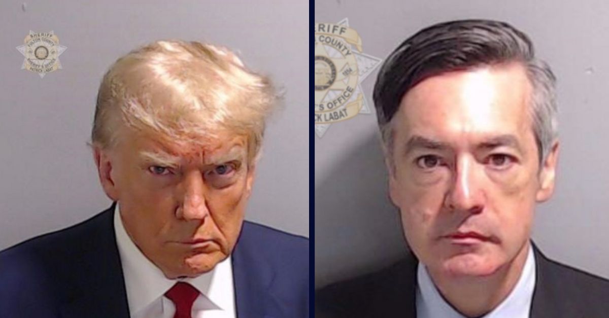 Donald Trump, on the left, and Kenneth Chesebro, on the right, appear in booking photos.