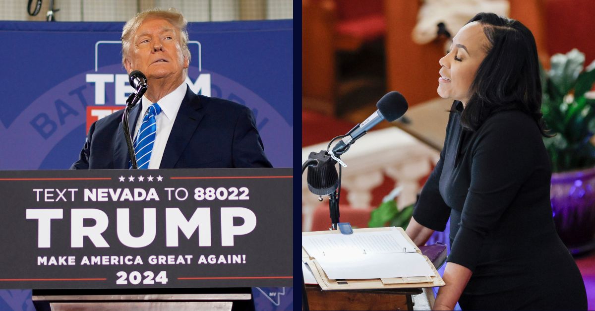 Donald Trump at campaign event in Nevada, on the left; Fani Willis, during a speech at a Black church in Atlanta, on the right.