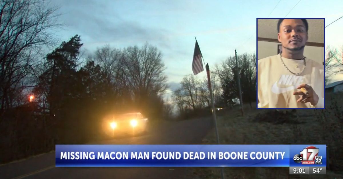 The body of Malik Jones, inset, in Missouri and a homicide investigation was launched. (Crime scene screenshot from Columbia, Missouri, ABC/MyNetworkTV affiliate KMIZ/YouTube; Jones
