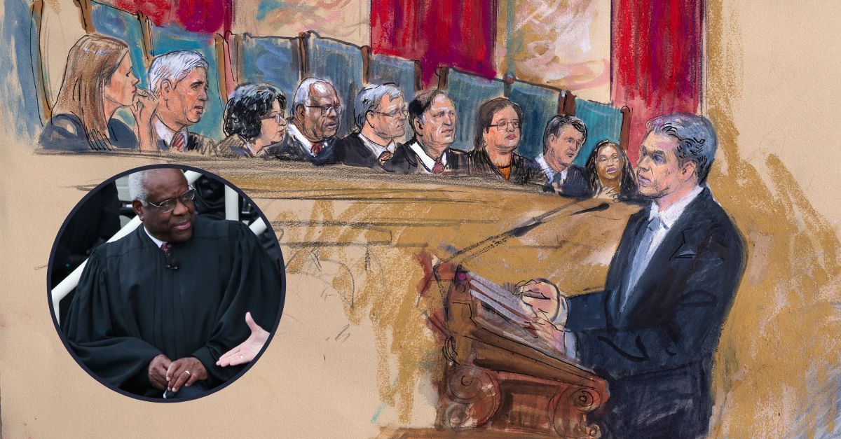Background: This artist sketch depicts the scene in the Supreme Court as the justices — Justice Clarence Thomas fourth from left — hear arguments about the Colorado Supreme Court