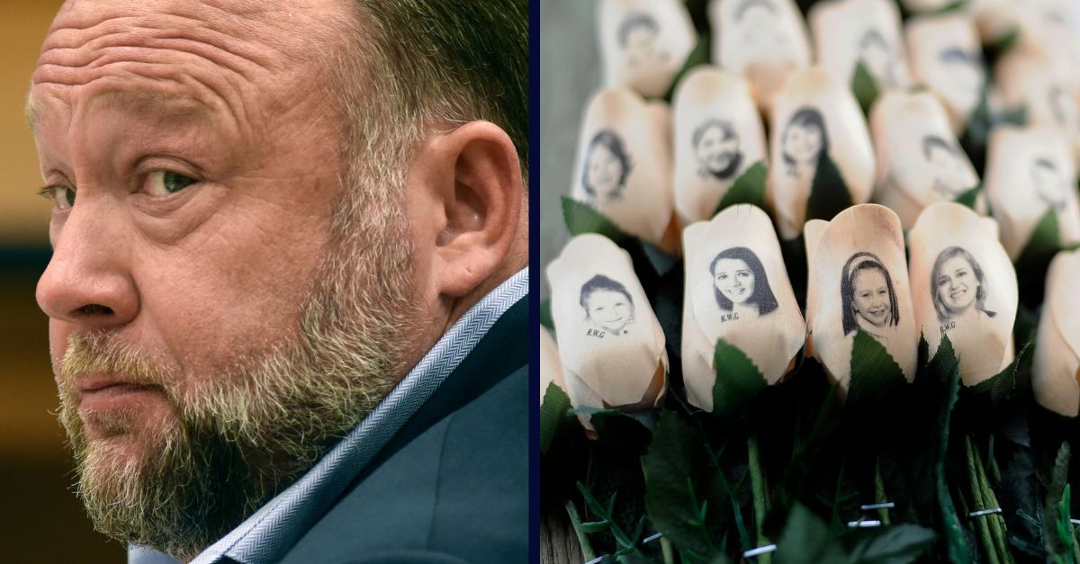 Left: Infowars founder Alex Jones appears in court during Sandy Hook defamation damages trial in 2022. (Tyler Sizemore/Hearst Connecticut Media via AP, Pool, File)/Right: White roses with the faces of victims of the Sandy Hook Elementary School shooting are attached to a telephone pole near the school. (AP Photo/Jessica Hill, File)