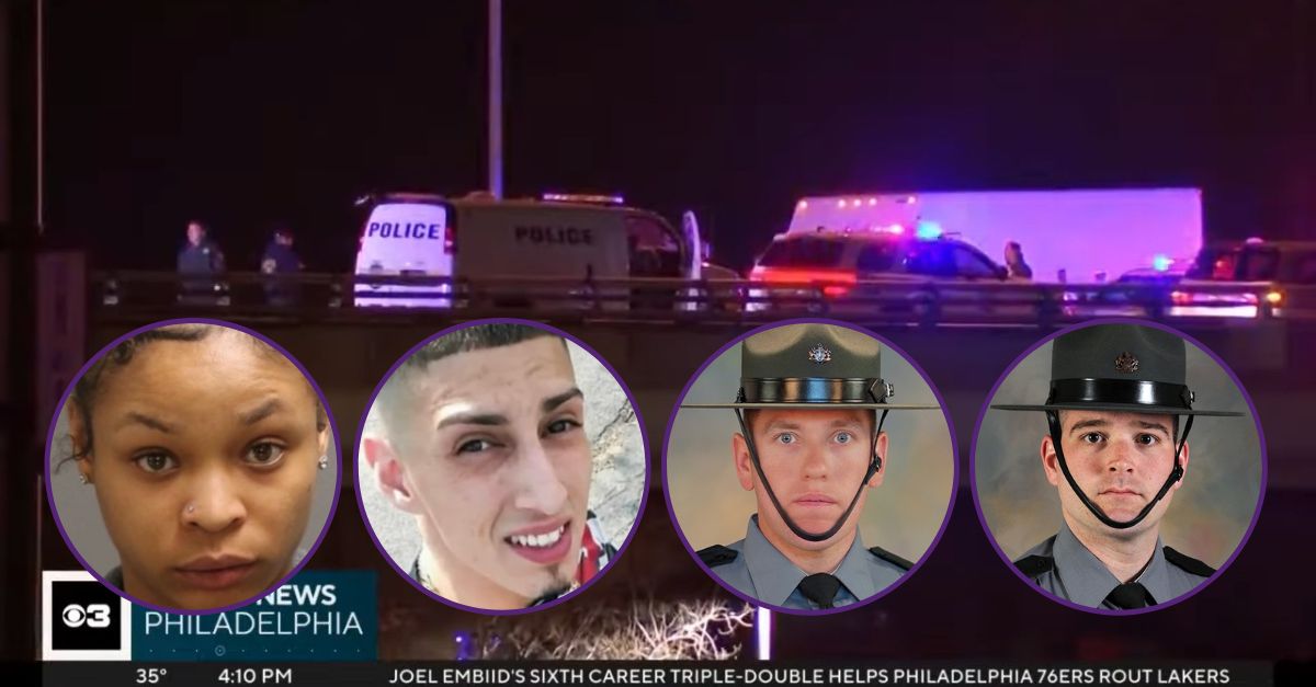 A lawsuit has been filed against Jayana Webb, left inset, sentenced in the deaths of Pennsylvania State Police troopers Martin Mack III, right inset, and Branden Sisca, second from right inset, and Reyes Rivera Oliveras, second inset from left, a pedestrian the troopers were helping, in March 2022. (Webb and crime scene screenshots via Philadelphia CBS affiliate KYW-TV/YouTube; Trooper