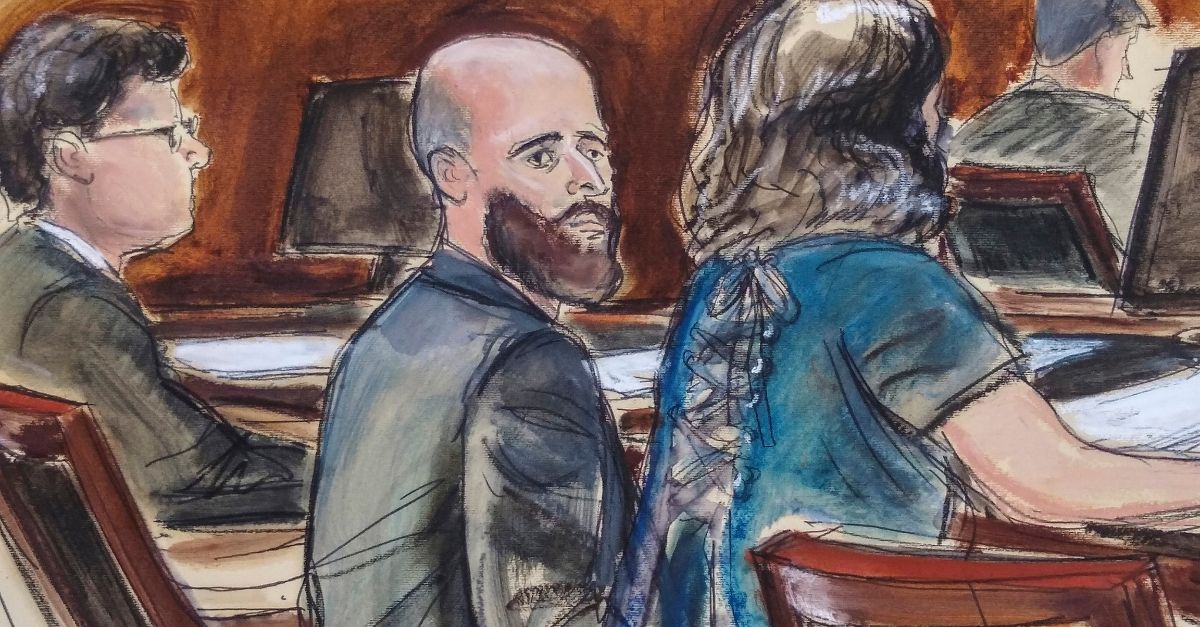 FILE - In this courtroom sketch, Joshua Schulte, center, is seated at the defense table flanked by his attorneys during jury deliberations, March 4, 2020, in New York. Schulte, was sentenced to 40 years in prison, Thursday, Feb. 1, 2024, after his convictions for what the government described as the biggest theft of classified information in CIA history and for possession of child sexual abuse images and videos. (Elizabeth Williams via AP)