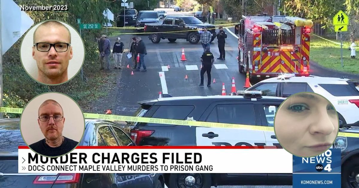 Brandon Gerner, lower left inset, and Joshua Jones face charges in the deaths of Robert Riley and Ashley Williams, lower right inset. (Mug shots and crime scene screenshot via KOMO News; Williams