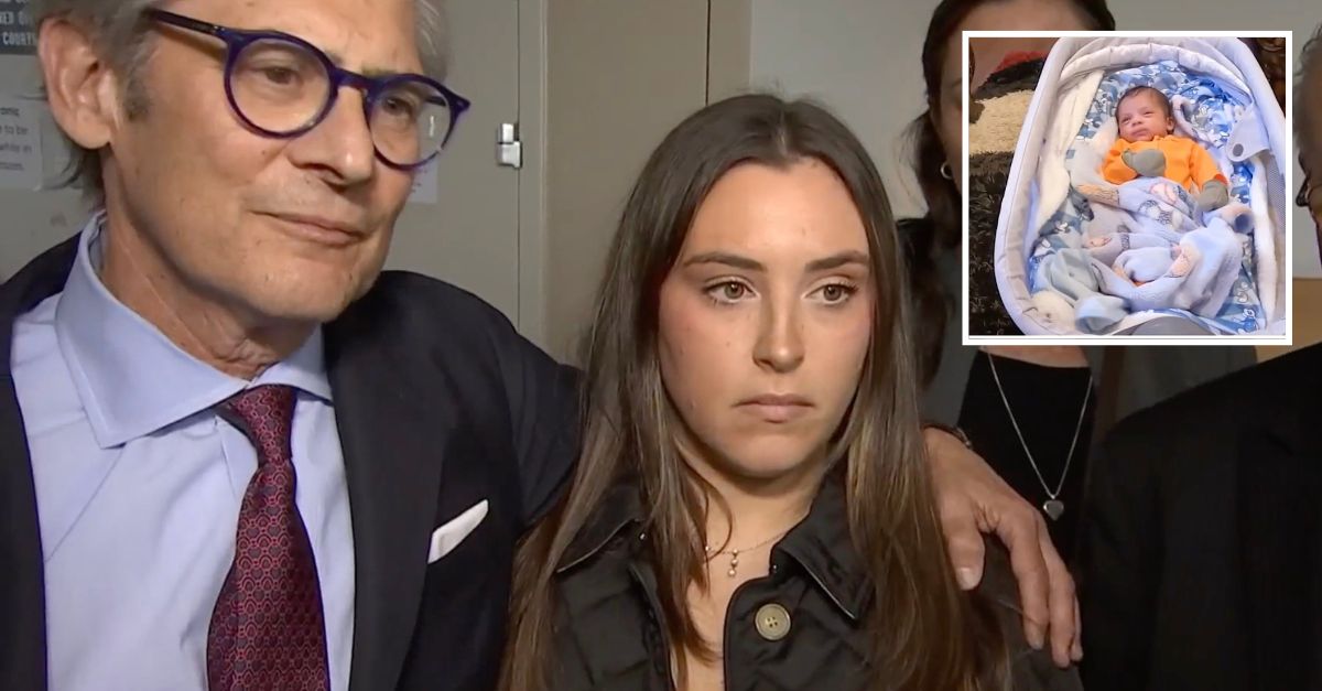 Amanda Burke with her attorney Charles C. Gottlieb, and the newborn she had been accused of endangering (News12 screenshots)