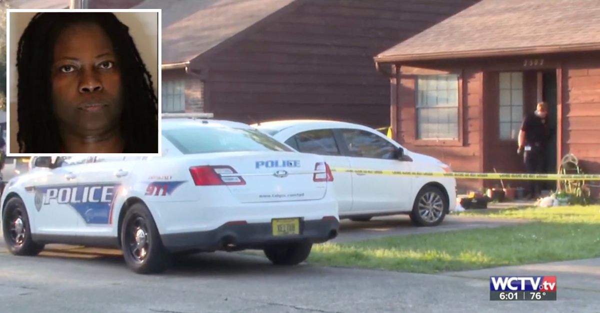 Earleen M. Tucker (Leon County Detention Center) and police at the home where she allegedly killed her mother (WCTV screenshot)