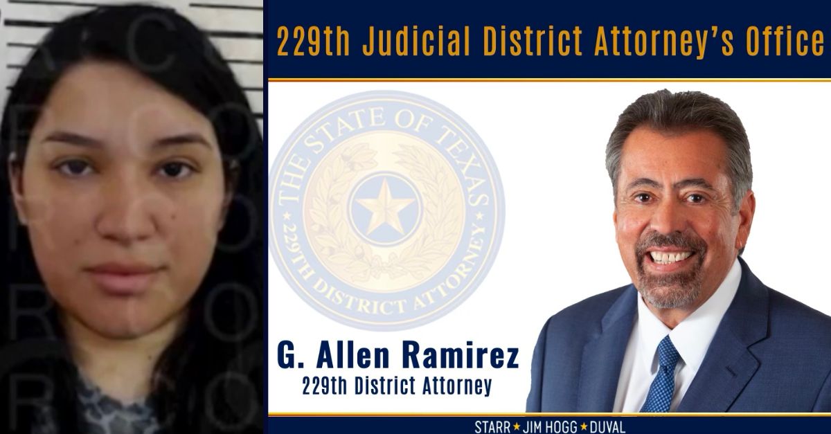 Left: Lizelle Herrera appears in a booking photo (via KRGV). Right: Starr County District Attorney Gocha Ramirez (via Starr County, Tex.)