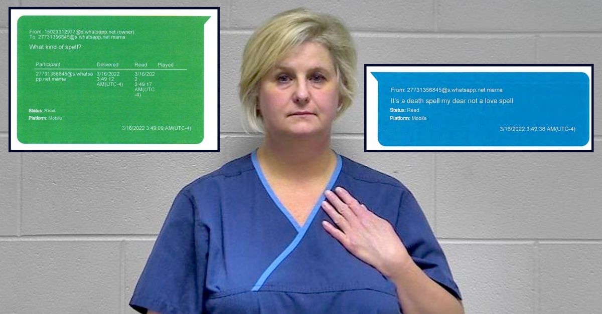 Stephanie Russell appears in a booking photo; inset on the left and right are two text messages about a death spell