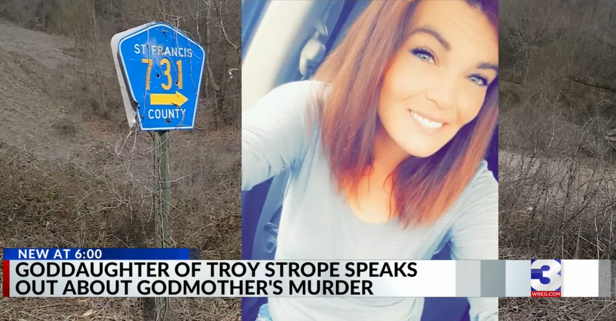 Troy Alexandra Strope was found dead in a plastic tote of County Road 731 in St. Francis, Arkansas, on Feb. 20, authorities said. (Screenshot: WREG)