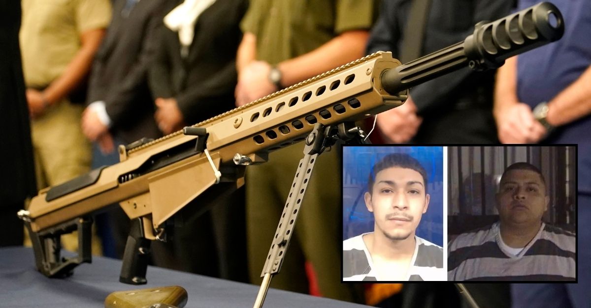 A Barrett .50 caliber rifle is displayed during a news conference at the Homeland Security Investigations Miami Field Office (HSI), Wednesday, Aug. 17, 2022, in Miami. (AP Photo/Lynne Sladky)/Inset: Webb County Sheriff booking photos for Gerardo Rafael Perez Jr. and Antonio Osiel Casarez, two of several defendants accused of engaging in a conspiracy to traffic guns such as the Barret .50 caliber. 