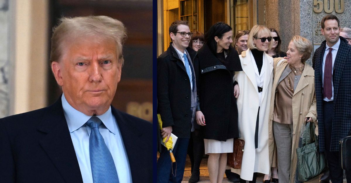 Left: Former President Donald Trump is seen on October 18, 2023 outside the New York State Supreme Courthouse during his civil fraud case in New York City. (NYC) File Photo by: zz/Andrea Renault/STAR MAX/IPx 2023 10/18/23 / Right: E. Jean Carroll leaving the United States District Courthouse poses for a group photo with her legal team after a jury awarded her $83.3 Million in damages incurred through defamation by Donald Trump. (Photo by Derek French / SOPA Images/Sipa USA)(Sipa via AP Images)