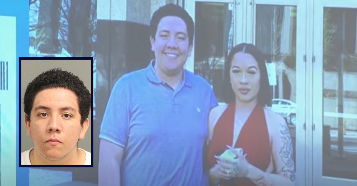 Background: Prosecutors displayed a photo in court depicting Erick Hernandez Mendez, left, next to his wife and victim, Christina Matos. YouTube screenshot NBC affiliate WRAL./ Inset: Erick Hernandez-Mendez booking photo Raleigh Police Department.
