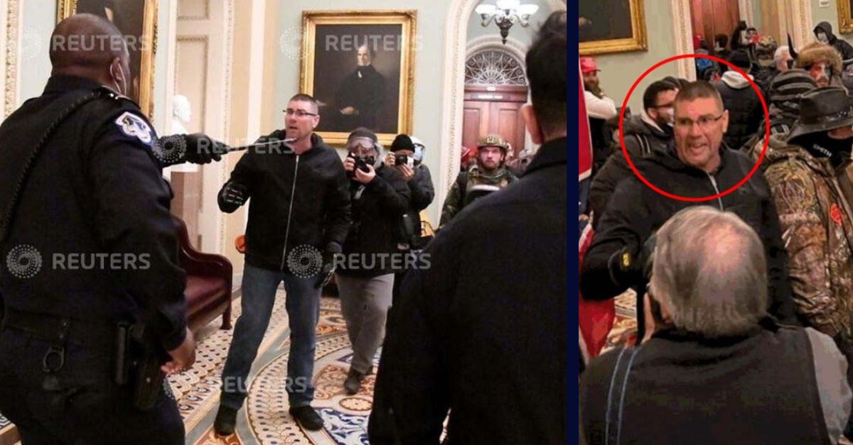Justice Department court records show footage of Michael Sparks approaching Capitol Police Officer Eugene Goodman, left. Sparks is circled in red on right in a chaotic scene from the Capitol on Jan. 6, 2021.