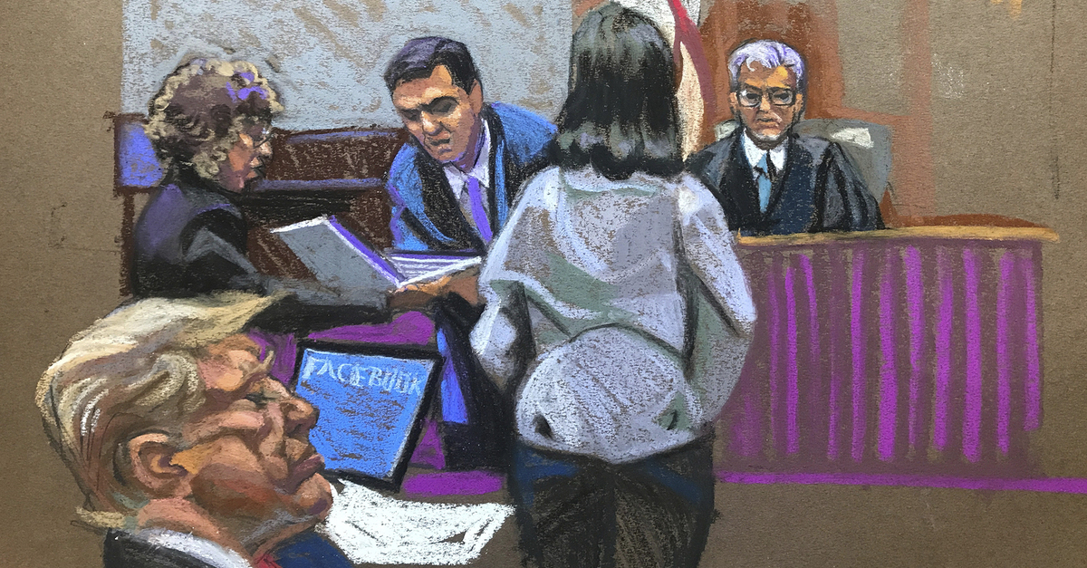 In this courtroom sketch, former President Donald Trump, bottom left, sits in court during the second day of jury selection in his criminal hush money trial in Manhattan criminal court in New York on Tuesday, April 16, 2024. 