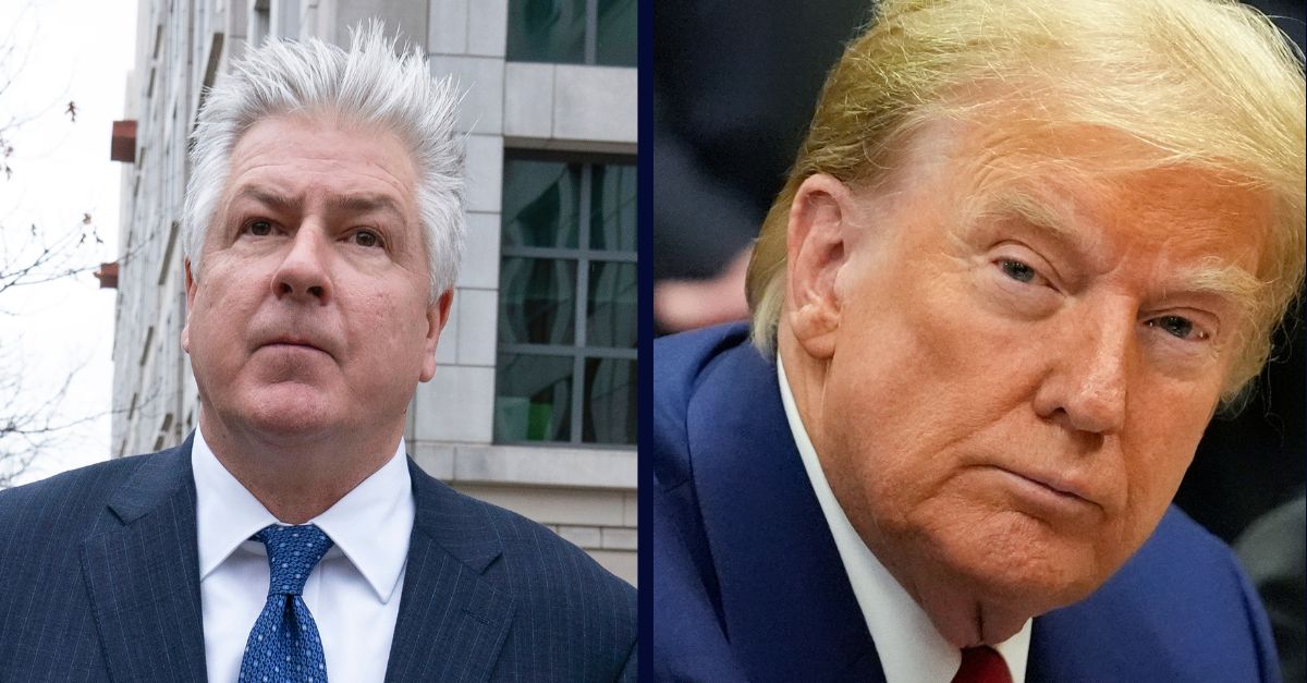 Left: M. Evan Corcoran, an attorney for former President Donald Trump, leaves federal court in Washington, Friday, March 24, 2023. AP Photo/Jose Luis Magana, File)/ Right: Donald Trump awaits the start of a pre-trial hearing with his defense team at Manhattan criminal court, Monday, March 25, 2024, in New York. AP Photo/Mary Altaffer, Pool)