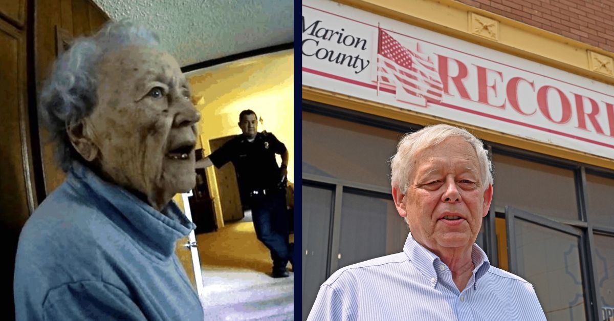 Joan Meyer in body camera footage photos attached to a federal complaint from an August 11, 2023 raid conducted on the home she shared with her son, right, her co-owner of the Kansas newspaper, the Marion Record. Ms. Meyer died from a heart attack one day after the raid last summer. Right: AUGUST 17, 2023 Eric Meyer publisher of the Marion County Record Newspaper stands outside the newspaper office Credit: Mark Reinstein/MediaPunch /IPX