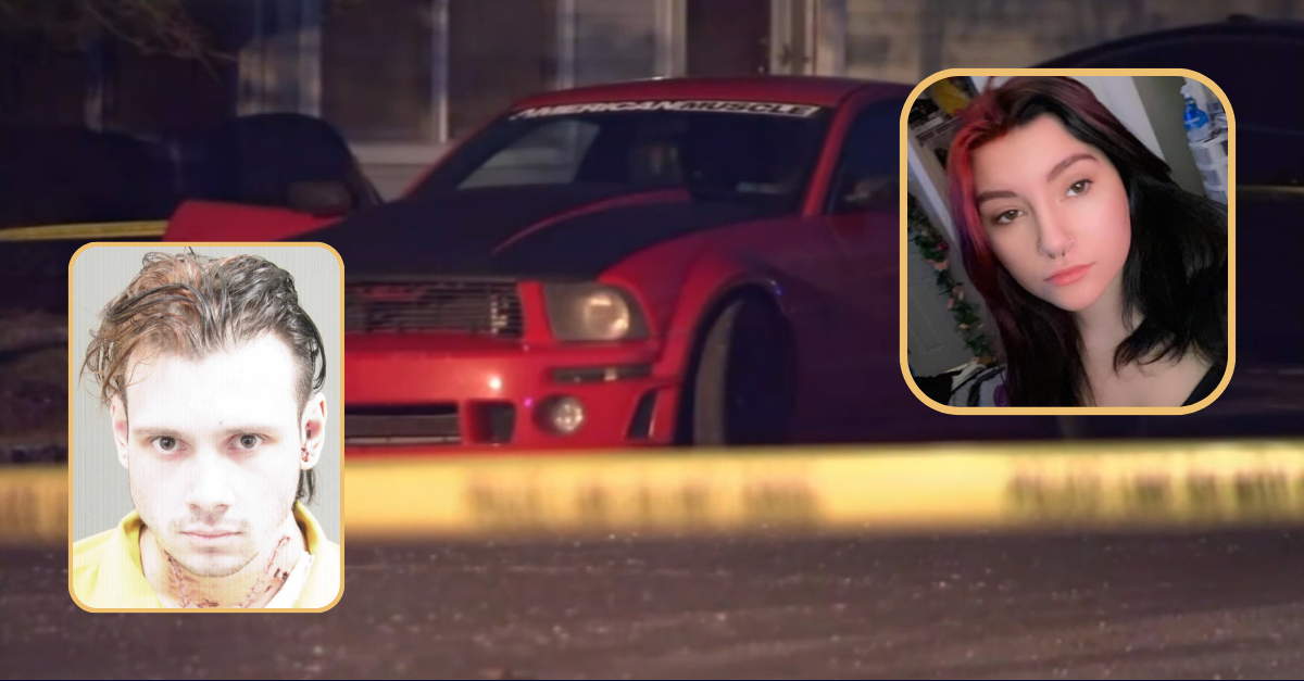 Trevor Christopher Weigel, left inset, fatally stabbed Jaden Battista, pictured in the right inset, near this car, prosecutors said. (Inset images: Bucks County District Attorney’s Office; screenshot of vehicle: WPVI)