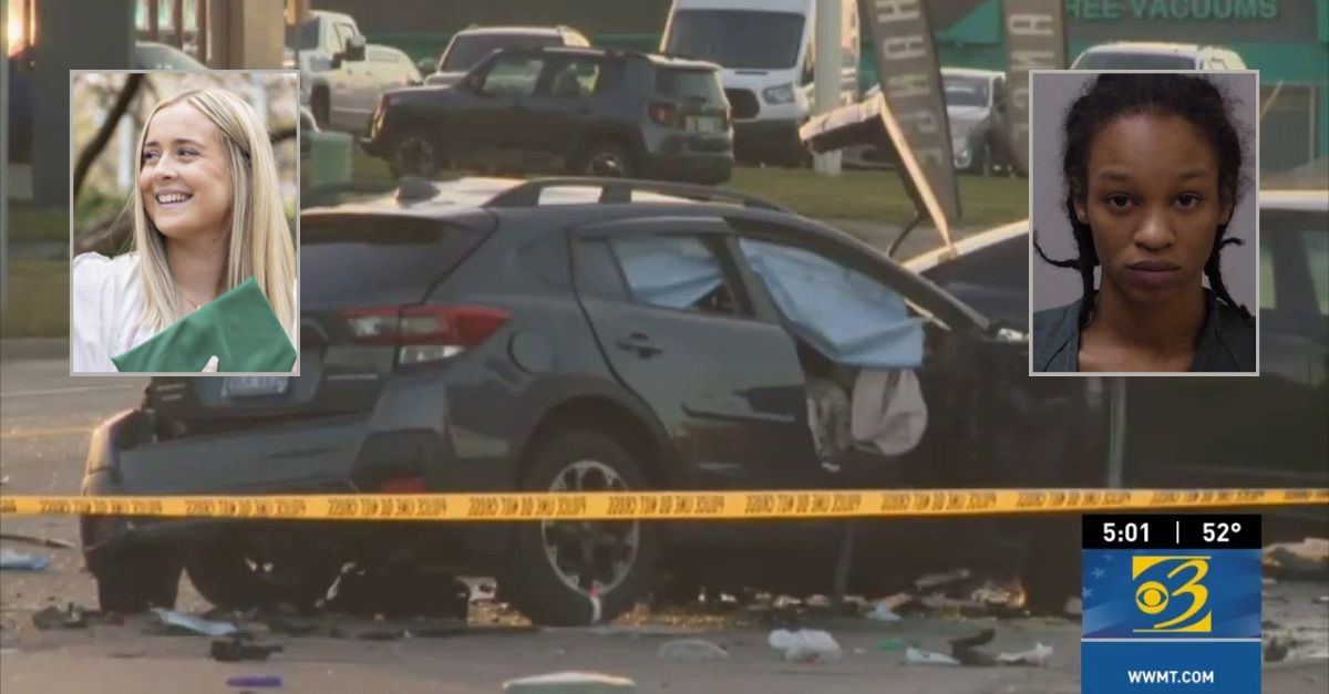 Nyra Whitelow is accused in a crash that killed Audrey Hensley and her dog in Michigan in November 2023. (Crime scene and mug shot screenshots via WWMT-TV/YouTube; victim