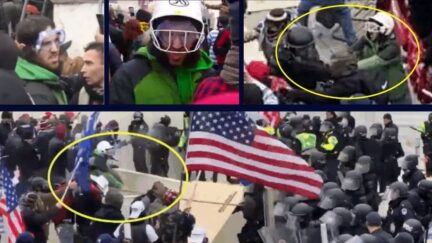 Justice Department trial exhibits show David Joseph Gietzen at the U.S. Capitol on Jan. 6, 2021 wearing a green jacket and white helmet and goggles and using a long metal pole to jab at officers or his gloved hands to rip their masks off.