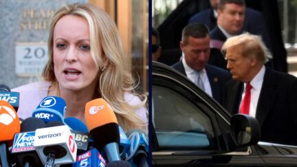 Adult film actress Stormy Daniels, on the left; Donald Trump, on the right.