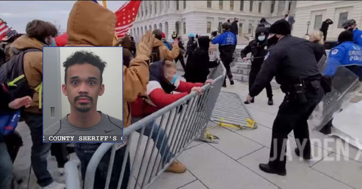 John Earl Sullivan filmed the rioting at the U.S. Capitol on Jan. 6, 2021. (Background photos from federal court documents; Inset mug shot from Tooele County Sheriff's Department via screenshot from WUSA/YouTube)