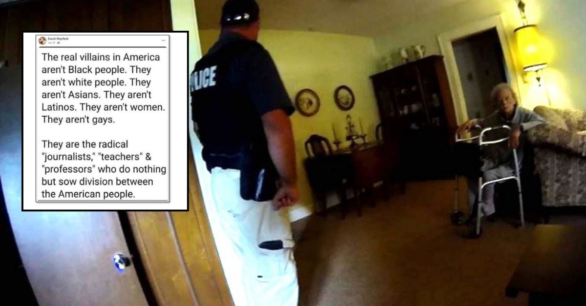 Background: In still photo from body camera footage provided in a federal complaint depicting the raid on Eric Meyer and Joan Meyer's home in August 2023, Joan Meyer can be seen sitting in her chair clutching her walker./Inset: In the federal complaint from Eric Meyer, he provides a copy of a Facebook post made by a former Marion County mayor a couple of weeks before the raid. 
