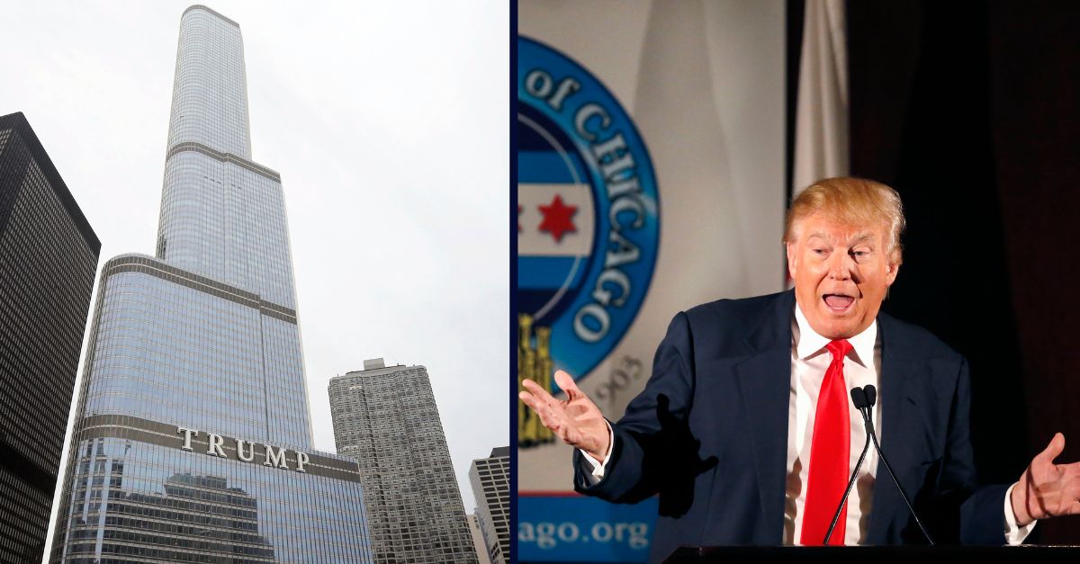  This March 10, 2016 file photo shows the Trump International Hotel and Tower in Chicago. AP Photo/Charles Rex Arbogast/Right: Then-Republican presidential candidate Donald Trump speaks to members of the City Club of Chicago Monday, June 29, 2015, in Chicago. (AP Photo/Charles Rex Arbogast)