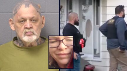 John P. Shadbar, left, faces charges in the shooting of Melissa Robertson, center, in Illinois. (Crime scene screenshot from WFLD/YouTube; victim's photo from GoFundMe; Suspect's mug shot from Will County Sheriff's Office)