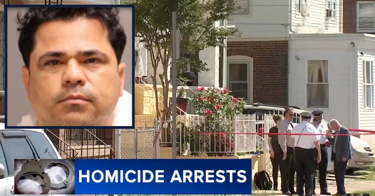 Leandro Barberena (Philadelphia Police Dept.) and officers outside the home where he allegedly killed his wife and mother-in-law (WPVI screenshot)