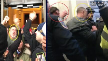 Justice Department provided photos show accused Jan. 6 rioter William Gallagher, circled in yellow, at the Capitol on Jan. 6, 2021. On right, Gallagher and son, James Gallagher, touch their eyes after being sprayed with chemical irritants by police defending the Capitol.