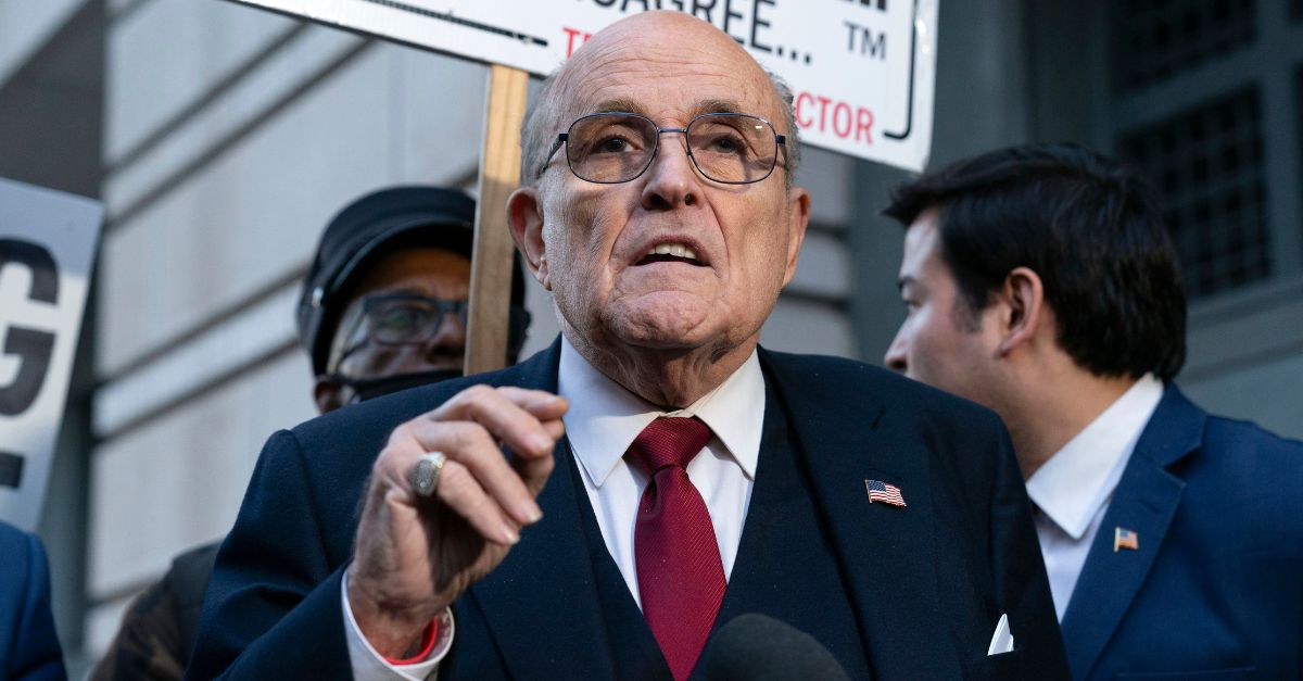 Former Mayor of New York Rudy Giuliani speaks during a news conference outside the federal courthouse in Washington, Dec. 15, 2023. AP Photo/Jose Luis Magana.