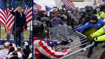Left: President Donald Trump arrives to speak at a rally in Washington, on Jan. 6, 2021. AP Photo/Jacquelyn Martin)/Right: In this Jan. 6, 2021, file photo violent insurrectionists loyal to President Donald Trump supporters try to break through a police barrier at the Capitol in Washington.(AP Photo/John Minchillo)