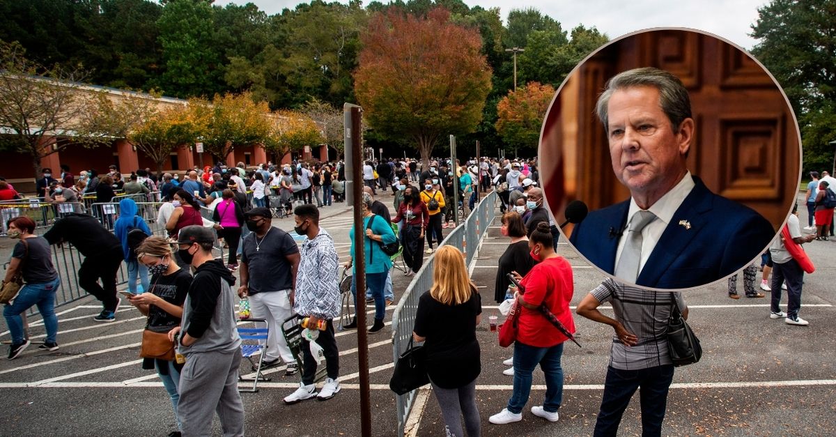 Background: Hundreds of people wait in line for early voting on Monday, Oct. 12, 2020, in Marietta, Georgia. Some voters waited six hours or more in the former Republican stronghold of Cobb County, and lines wrapped around buildings in Democratic DeKalb County. (AP Photo/Ron Harris)/ Inset: Georgia Gov. Brian Kemp delivers the State of the State speech, Jan. 11, 2024, in Atlanta. Kemp signed a bill into law Tuesday, May 7, that makes additional changes to Georgia's election laws ahead of the 2024 election.