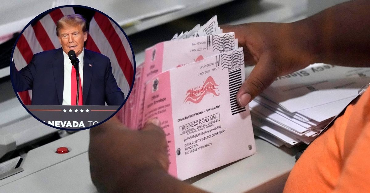  Republican presidential candidate former President Donald Trump speaks at a caucus night rally in Las Vegas, Thursday, Feb. 8, 2024. (AP Photo/Mark J. Terrill)/Background: An election worker prepares mail-in ballots at the Clark County Election Department on Nov. 8, 2022, in Las Vegas. AP Photo/John Locher.)