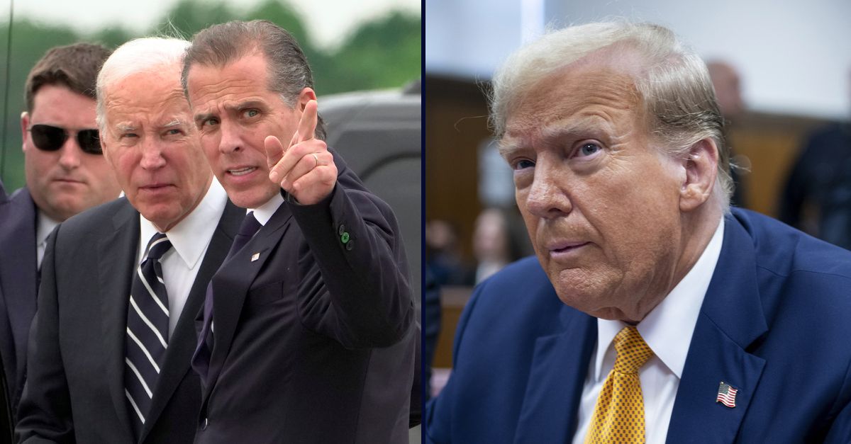 Left: President Joe Biden talks with his son Hunter Biden as he arrives at Delaware Air National Guard Base in New Castle, Del., Tuesday, June 11, 2024. (AP Photo/Manuel Balce Ceneta). Right: Former President Donald Trump waits for the start of proceedings in his trial at Manhattan criminal court, Tuesday, May 14, 2024, in New York. (AP Photo/Craig Ruttle, Pool)