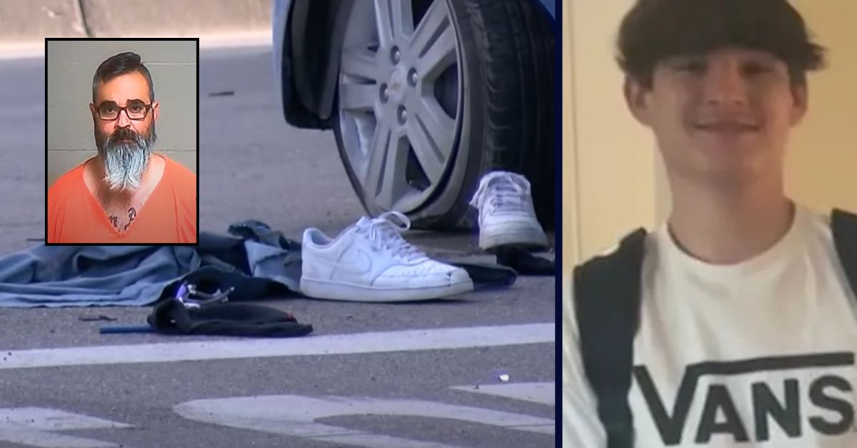 Left: Crime scene footage from shooting of Anakin Zehring, May 11, 2024 in Kansas. Inset: Ruben Contreras appears in court after arrest. YouTube screengrabs KSN. Right: Anakin Zehring. GoFundMe.