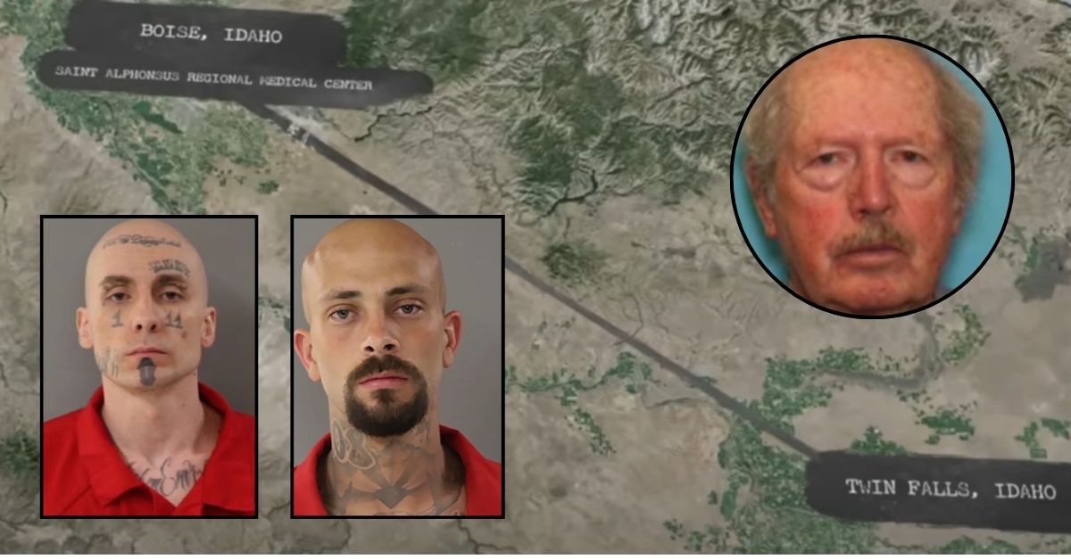 Background: NBC YouTube screen grab graphic showing distance suspects traveled after alleged shooting outside of Boise, Idaho on March 20, 2024. Bottom left: Skylar Meade and Nicholas Umphenour booking photos. Idaho State Police. Upper right inset: James Mauney photo shared by police when he went missing and was allegedly killed in March 2024.