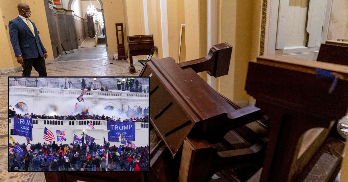 Background: Sen. Tim Scott, R-S.C., stops to look at the damage in the early morning hours of Jan. 7, 2021, after insurrectionists loyal to President Donald Trump stormed the Capitol in Washington. AP Photo/Andrew Harnik, File./Inset: Rioters at the U.S. Capitol on Jan. 6, 2021, in Washington. AP Photo/John Minchillo, File)