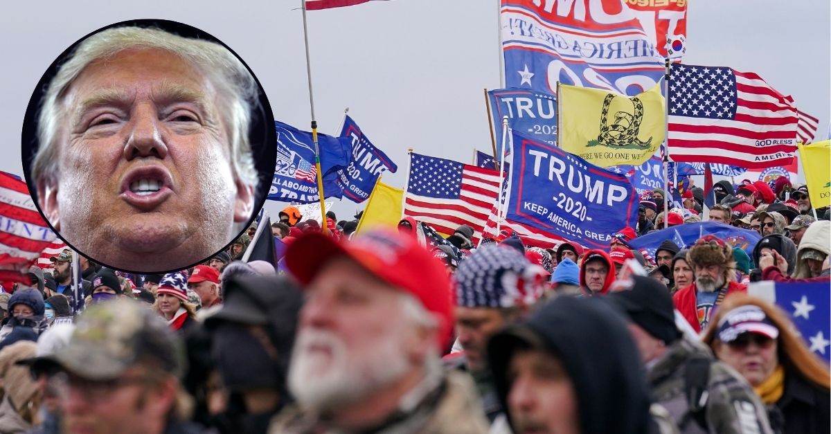 Background: Trump supporters participate in a rally in Washington, Jan. 6, 2021. (AP Photo/John Minchillo). Inset: Republican presidential candidate Donald Trump speaks during a campaign stop at the Tsongas Center in Lowell, Mass., Monday, Jan. 4, 2016. (AP Photo/Charles Krupa).