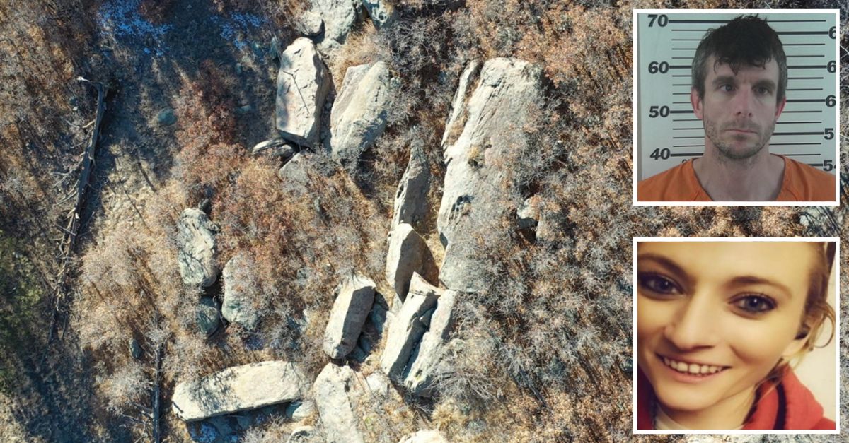 Insets, top to bottom: Casey Childers and Rachel Holeman. Background: The area where Holeman's body was located (18th Judicial District Attorney's Office).